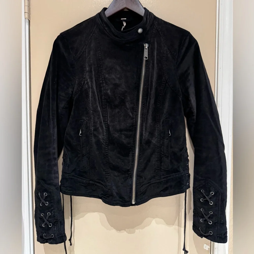 Free People Velvet Moto Laced Sleeve Zipper Jacket Black Size S - Picture 8 of 16